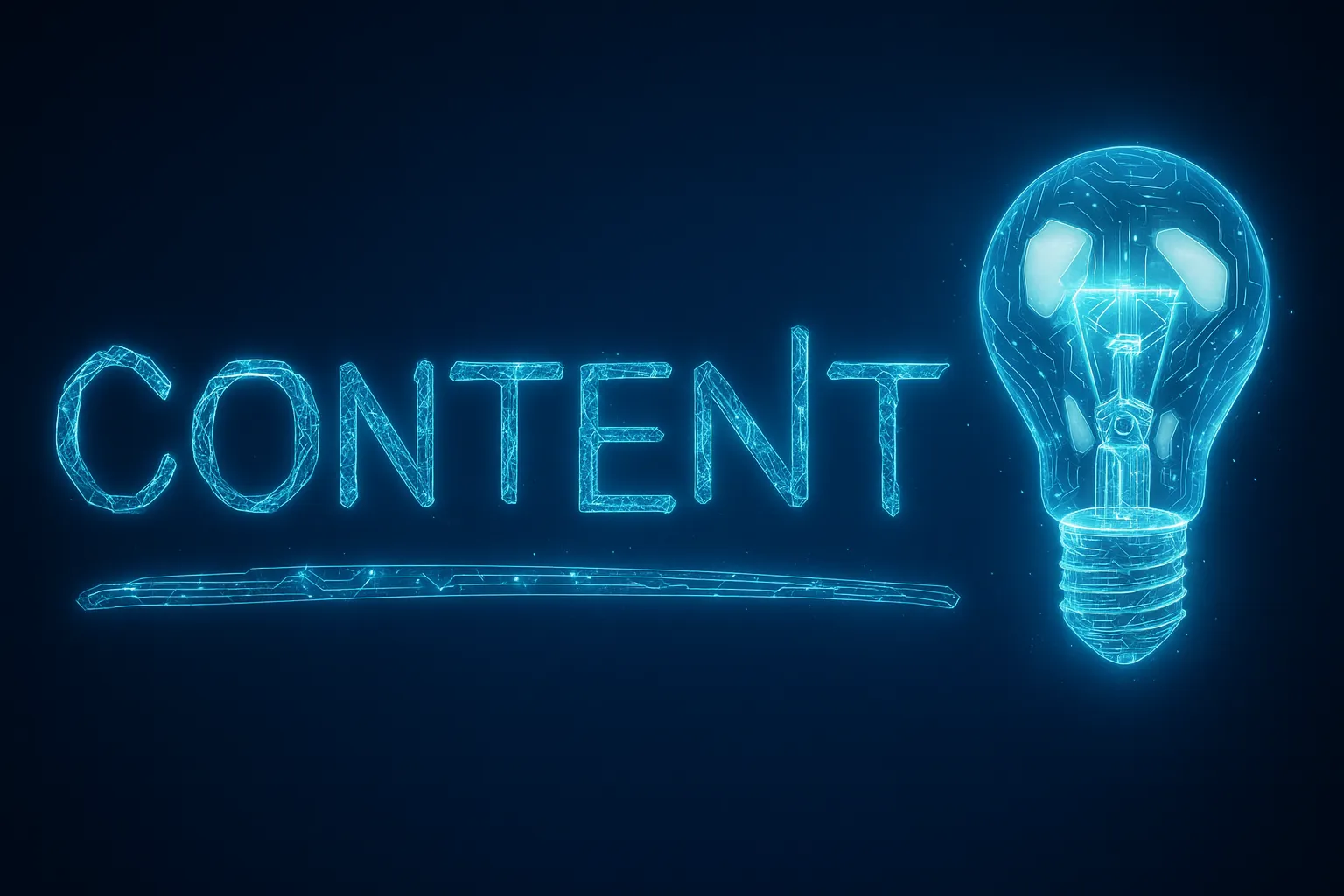 Futuristic hologram graphic showing the word “CONTENT” in glowing blue, circuit-style letters with an underline, beside a luminous digital lightbulb on a dark tech background.