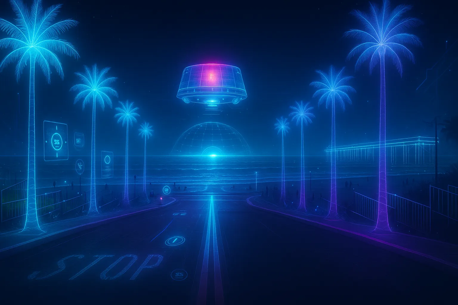 A cyberpunk-style digital reinterpretation of a California beach at night. A neon-lit road slopes down toward a glowing holographic ocean, flanked by translucent palm trees made of luminous data lines. The pier appears as a modular beam of light. The sky features a soft tech-grid and floating particles, while circuit patterns line the sidewalks and subtle UI elements hover in the air, giving the scene a sleek, digital ambiance.