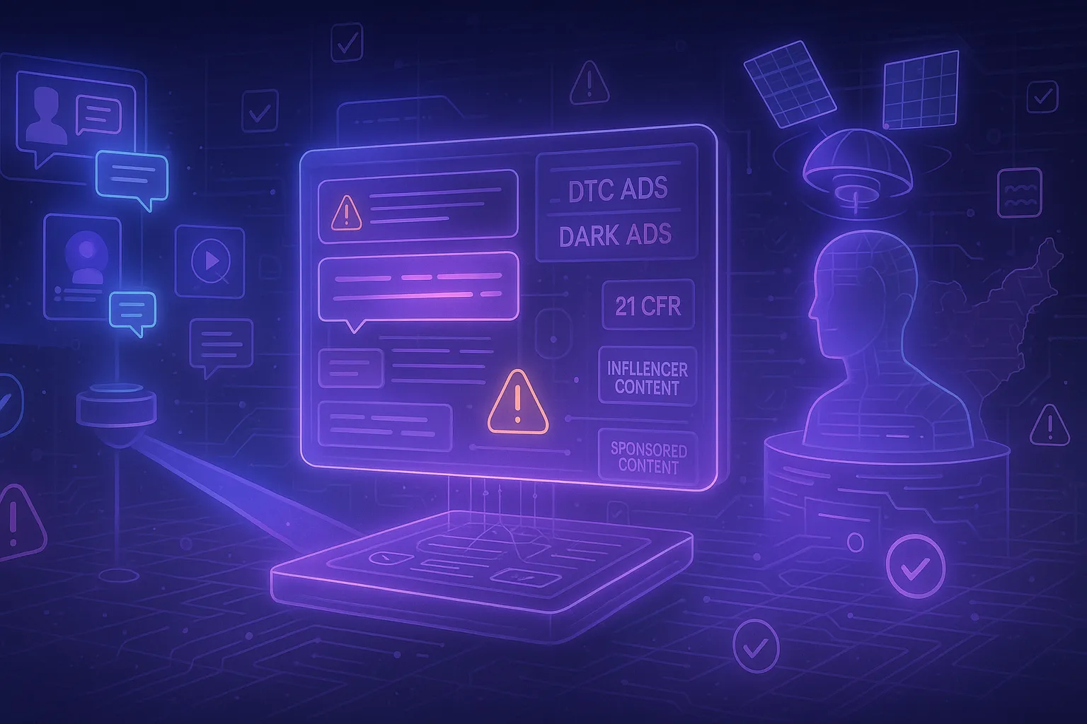 A futuristic digital illustration showing the FDA's AI-powered surveillance system monitoring digital drug advertising. At the center, a holographic dashboard glows in soft purples and blues, displaying ad previews with pulsing warning icons and highlighted risk/benefit imbalances. On the left, a sleek scanner projects beams across floating content formats like influencer posts, chatbots, and ephemeral stories. On the right, a holographic FDA control center visualizes regulatory terms such as “DTC Ads” and “21 CFR” floating in layers. The background features a neon-lit U.S. map outline, compliance icons, and glowing circuit grids, conveying precision and federal oversight.