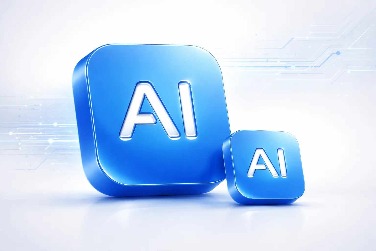 3D render of two glossy blue app icons labeled “AI,” one large and one smaller, set against a clean white background with subtle blue circuit lines and a futuristic tech pattern.