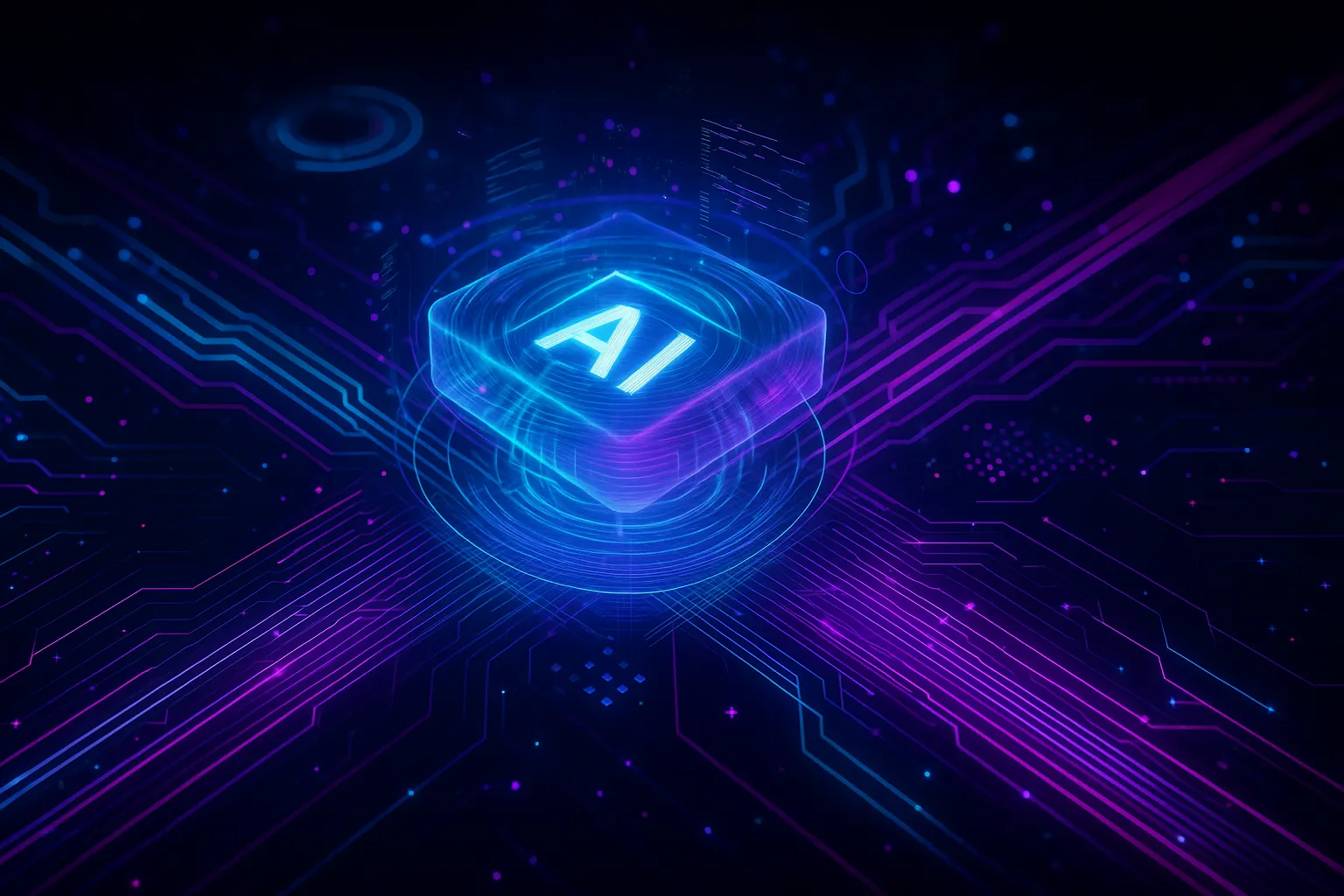 Futuristic digital illustration of a glowing holographic AI chip hovering above a sleek, dark circuit board. Neon-lit data lines in cyan, purple, and electric pink radiate outward, with UI rings and code fragments orbiting the core—symbolizing artificial intelligence, data flow, and advanced computing in a cyberpunk environment.