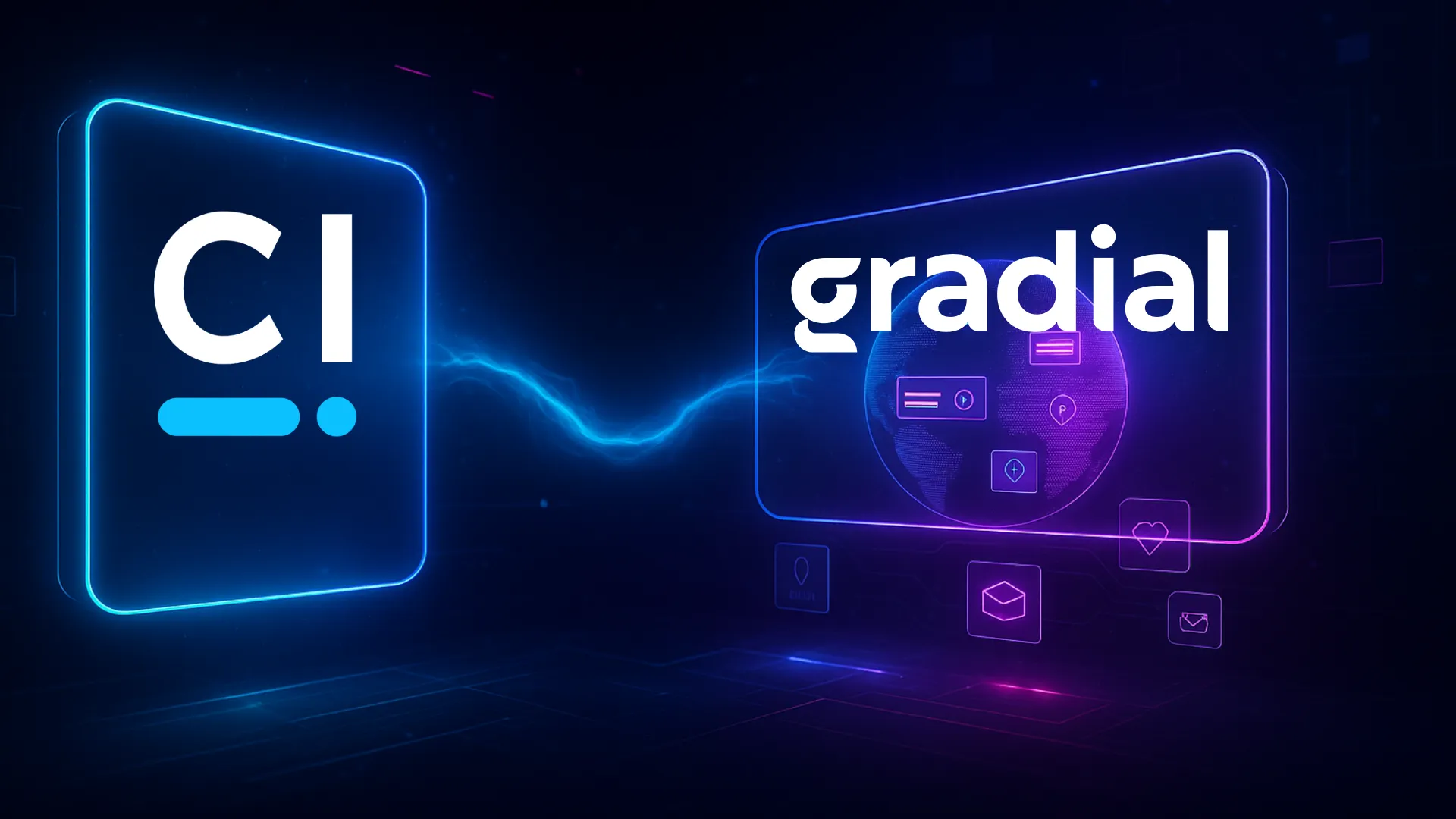 Futuristic digital image showing the CI and Gradial logos connected by a glowing electric arc, symbolizing their partnership. The CI logo glows in neon blue on the left, while the Gradial logo glows in purple on the right with holographic content icons floating in the background, representing AI-powered collaboration and technology integration.