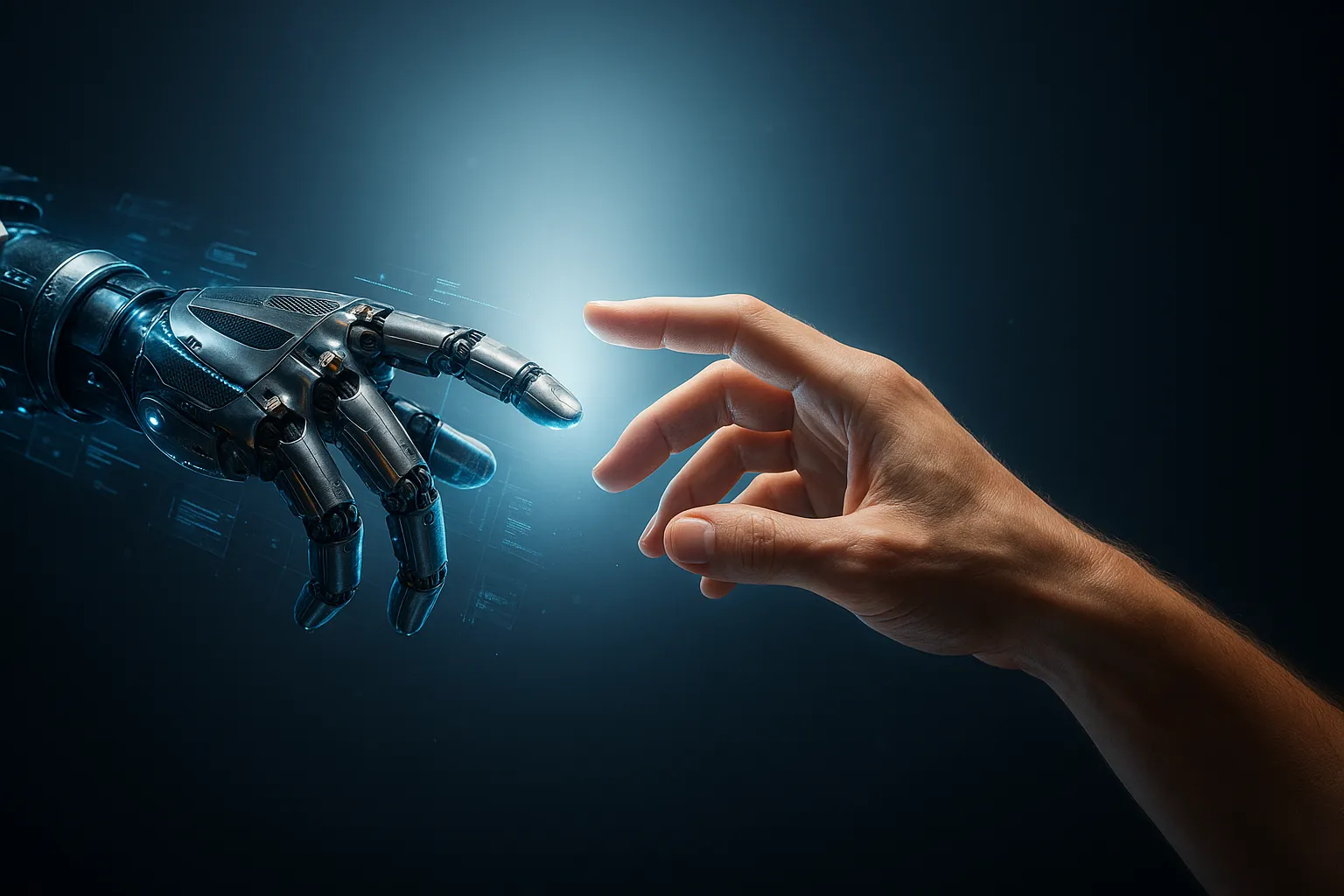 A hyperrealistic digital illustration depicting a human hand and a robotic hand reaching toward each other, inspired by Michelangelo’s Creation of Adam. The human hand appears soft and lifelike with detailed skin texture and gentle lighting, while the robotic hand features metallic titanium surfaces, visible gears, and glowing circuit lines. Both are illuminated by a soft rim light against a gradient background that fades from deep charcoal to a cool blue-white glow in the center, creating a dramatic, futuristic spotlight effect. The image evokes a calm, cinematic sense of connection between human and machine intelligence.