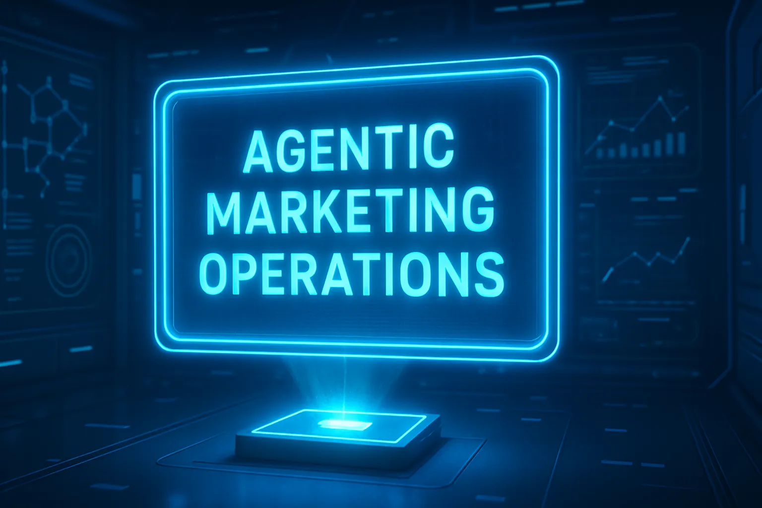 A futuristic blue holographic TV screen floating in a dark, high-tech control room displays the glowing words “Agentic Marketing Operations,” surrounded by digital charts, data lines, and interface graphics.