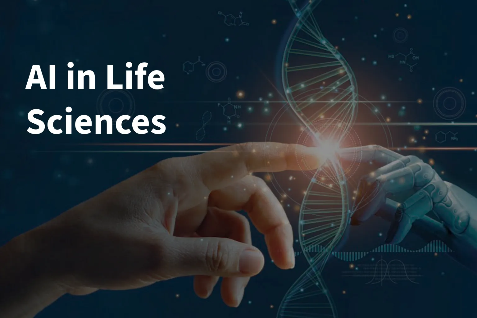 Human hand and robot hand touching a dna structure