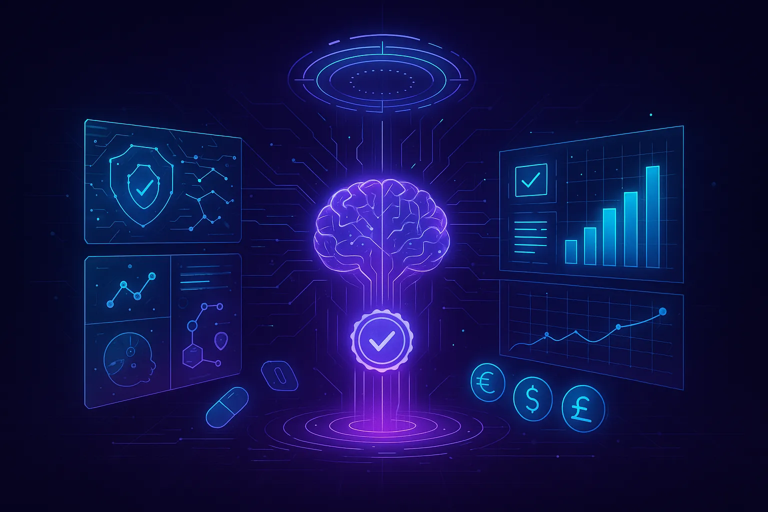 Futuristic digital illustration of a cyberpunk-style clinical trial control room. A glowing AI brain emits dynamic neon lines into surrounding holographic panels displaying molecular structures, patient data, workflow automations, and rising graphs. A circular timeline hovers above, all illuminated in CI Health’s soft neon purple, teal, and electric blue—symbolizing adaptive trials and real-time protocol orchestration.