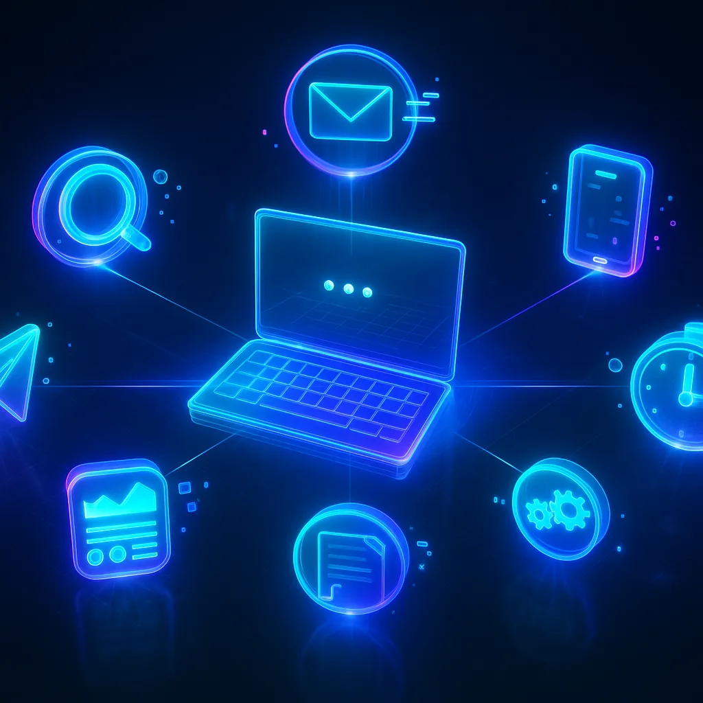 A futuristic 3D holographic illustration showing a glowing laptop surrounded by six floating neon-blue icons, including email, magnifying glass, smartphone, stopwatch, gears, and document symbols. Each icon emits a soft glow and is connected to the laptop with thin neon lines, forming a digital network hub. The scene has a dark gradient background with faint light streaks and particles, creating a high-tech, cinematic atmosphere.