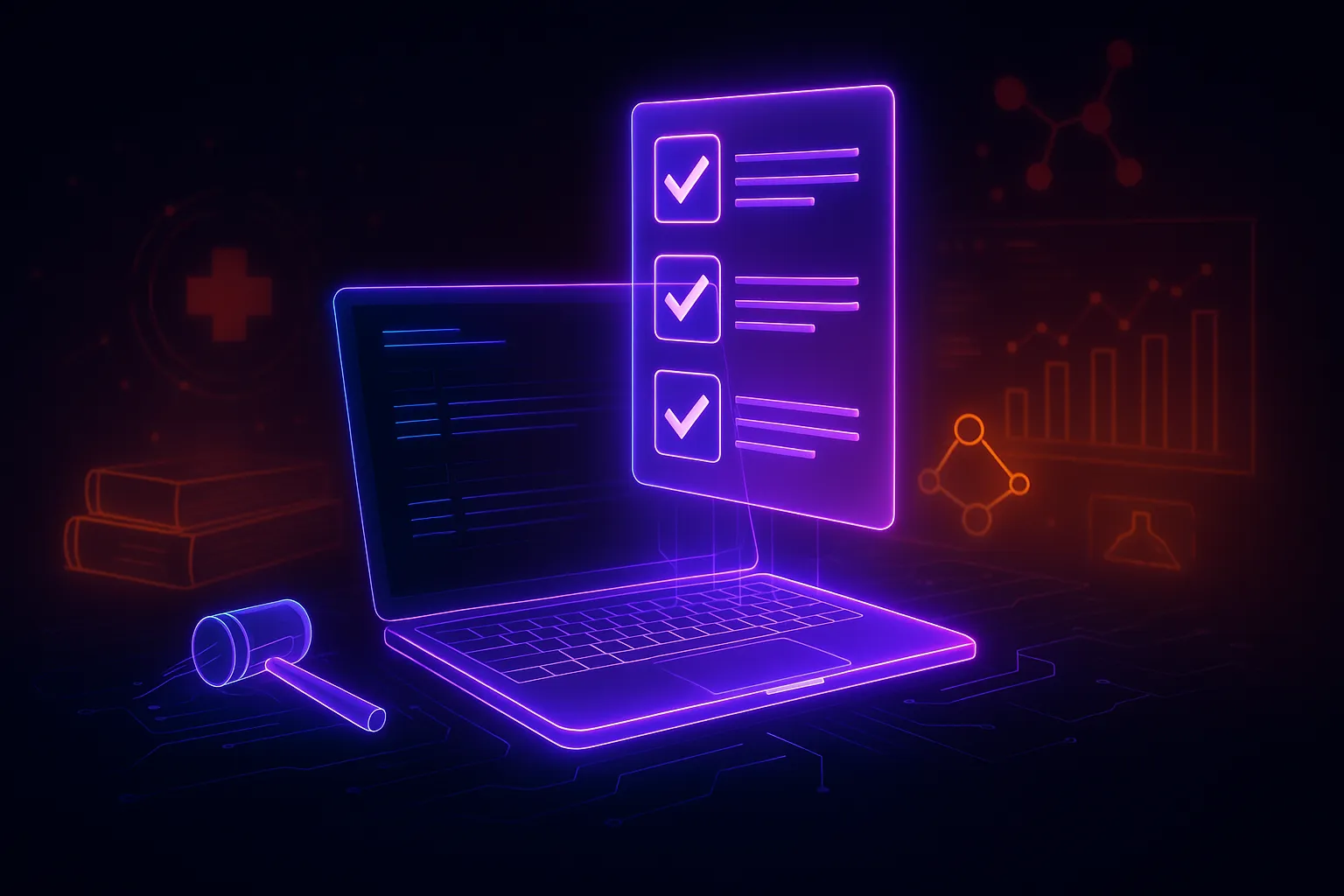 Futuristic digital illustration of a glowing neon purple laptop projecting a holographic compliance checklist in a dark cyberpunk environment. The scene includes a digital gavel, medical icons, charts, and molecular structures, all rendered in CI Health purple with orange and blue accents—symbolizing tech-enabled healthcare compliance and digital governance.
