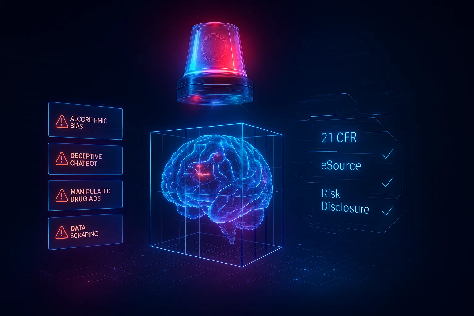 A futuristic digital illustration shows a glowing holographic AI brain partially enclosed in a transparent cage made of neon grid lines, symbolizing regulatory oversight. Above it, a sleek, translucent police siren drone hovers, casting rotating red and blue lights, with a faint FDA seal embedded inside. To the left, holographic red-marked panels display flagged AI violations like biased algorithms, deceptive chatbots, and manipulated drug ads. To the right, a semi-transparent compliance dashboard glows with regulatory terms like “21 CFR” and “Risk Disclosure,” linked to the brain with thin neon threads. The background features a dark digital grid with flowing data lines and soft particle fog, evoking a sense of futuristic surveillance.
