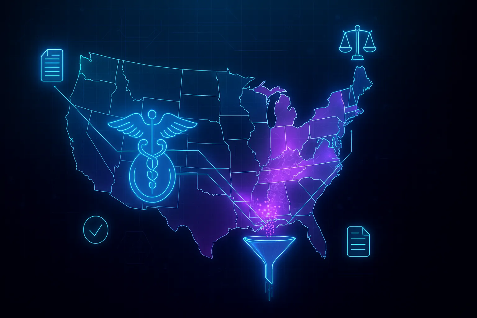 A futuristic holographic illustration of the United States map glowing in neon blue and purple. Several states are highlighted with purple light, connected by neon circuit-like lines. A glowing FDA medical caduceus symbol appears on the left side, representing federal frameworks. Around the map float holographic law-related icons, including scales of justice, compliance checkmarks, and policy documents. The background is a dark gradient grid with faint circuit patterns, giving a high-tech, blueprint-like aesthetic.