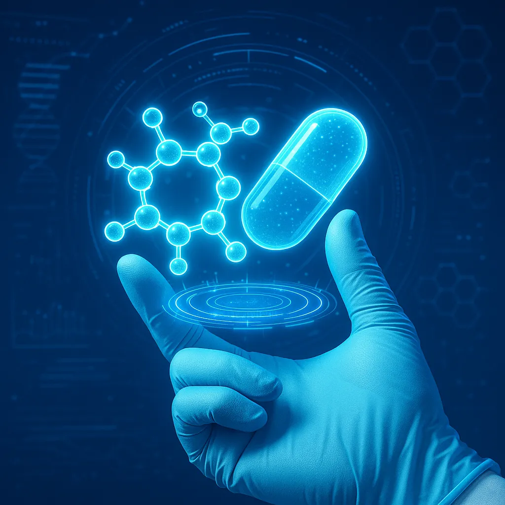 a gloved hand holding a molecular structure and capsule into a futuristic holographic scene that represents advanced pharmaceutical innovation.