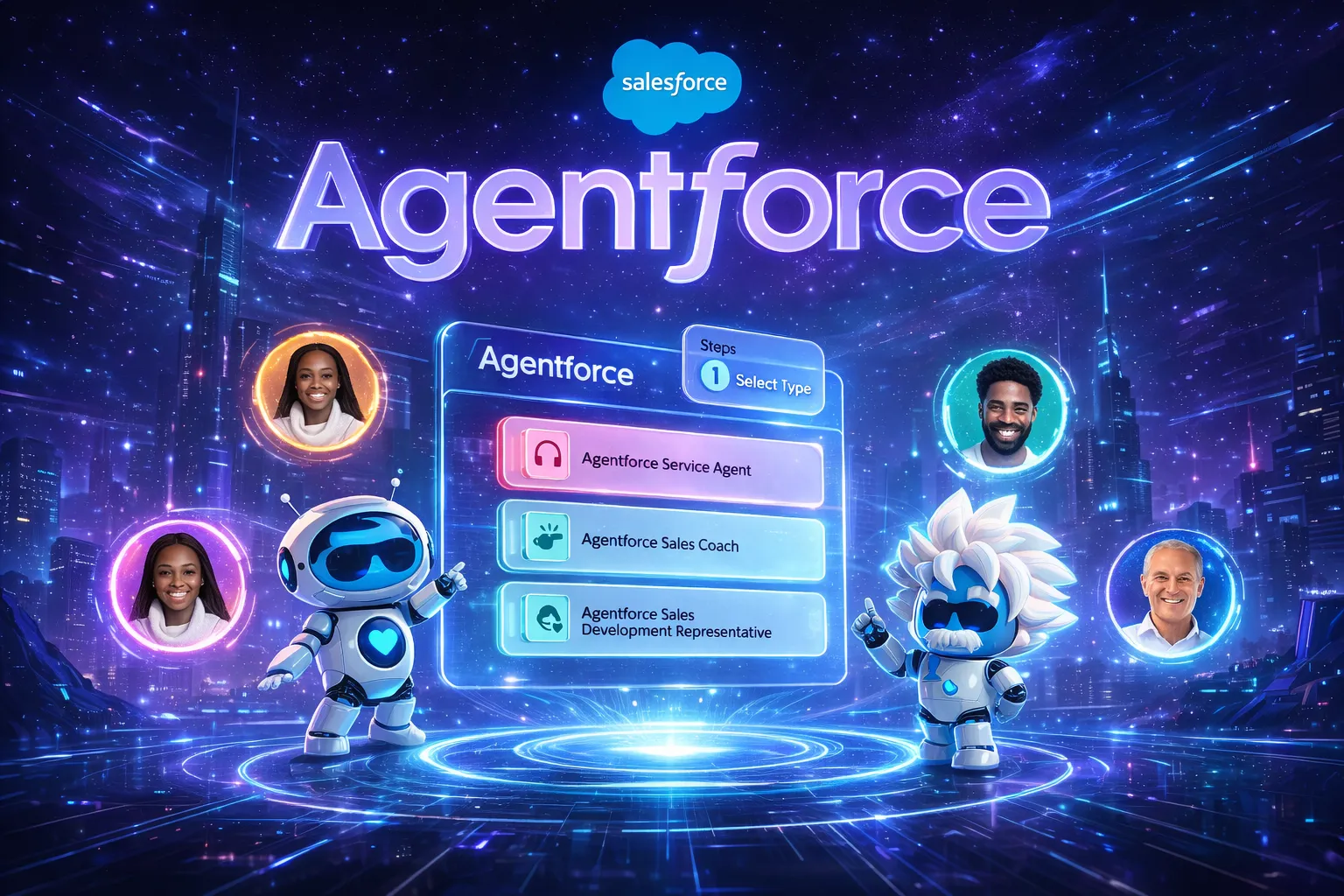 Futuristic Salesforce Agentforce visual with glowing purple and blue neon typography floating over a sci-fi cityscape. Holographic UI panels display Agentforce roles, flanked by friendly AI robots and circular human profile avatars, with digital light trails, stars, and energy rings creating a high-tech, futuristic atmosphere.