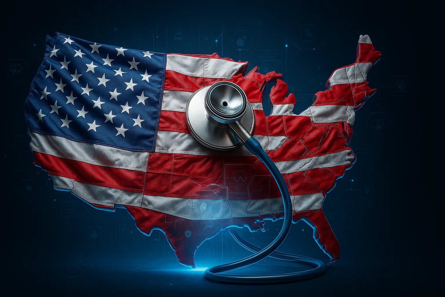 A hyper-realistic digital illustration of the United States map covered in a stylized American flag design, with a sleek, modern stethoscope placed over the Midwest region. The background is dark with a glowing blue tech-inspired gradient, and the map is enhanced with illuminated circuit lines and subtle data overlays, symbolizing the integration of technology and healthcare across the U.S.