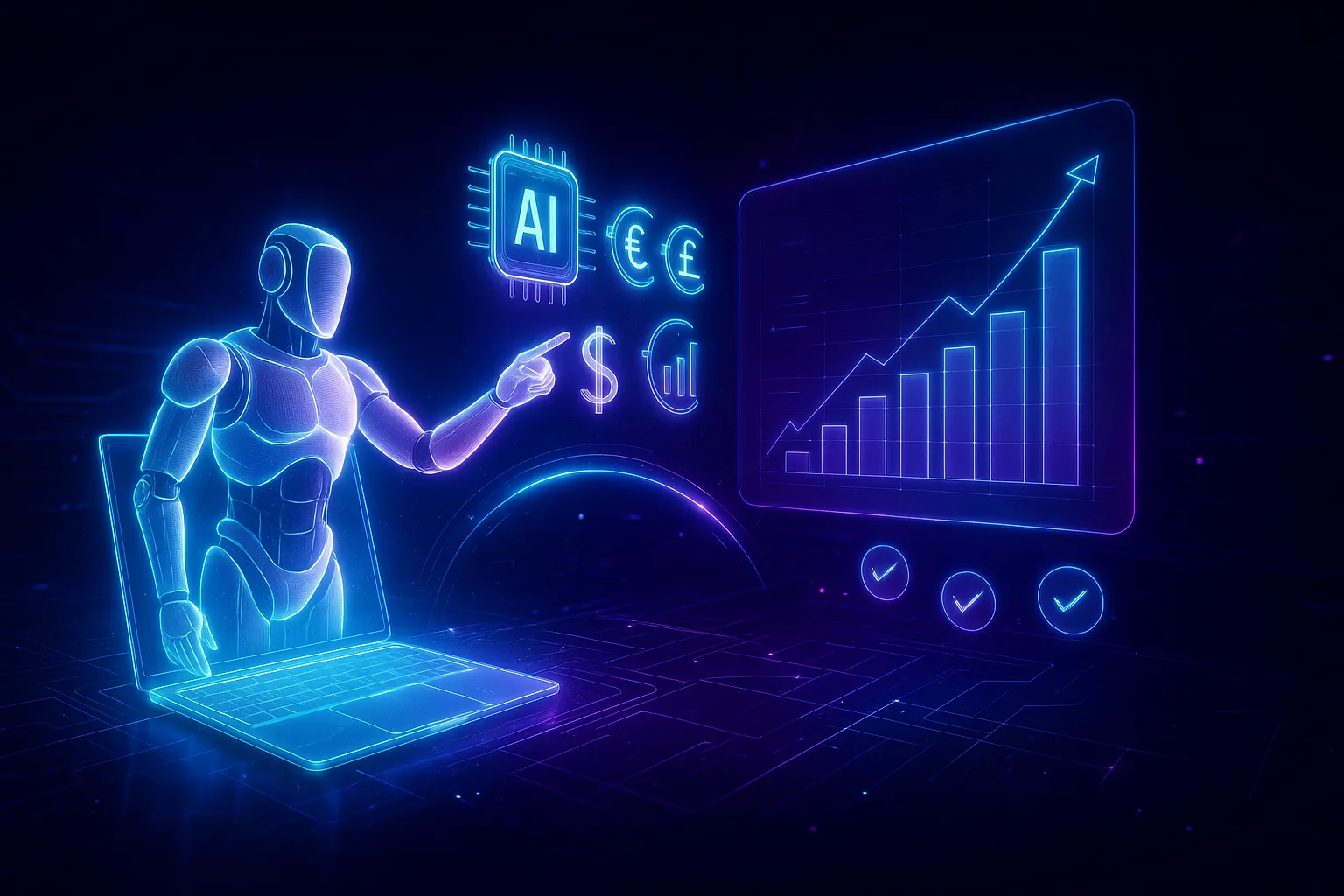 A futuristic, holographic scene featuring a glowing humanoid AI figure emerging from a semi-transparent laptop. The AI is lit in neon white and soft purple-blue hues, extending its hand toward a floating ROI dashboard. Above the laptop, holographic icons—an AI chip, currency symbols ($, €, £), and glowing bar graphs—hover with digital motion trails. To the right, a transparent financial dashboard displays upward-trending graphs and animated data pulses. The dark cyberpunk background is layered with neon circuit grids, floating UI rings, and particle effects, conveying speed, intelligence, and strategic data flow. No branding, no text, clean and immersive.