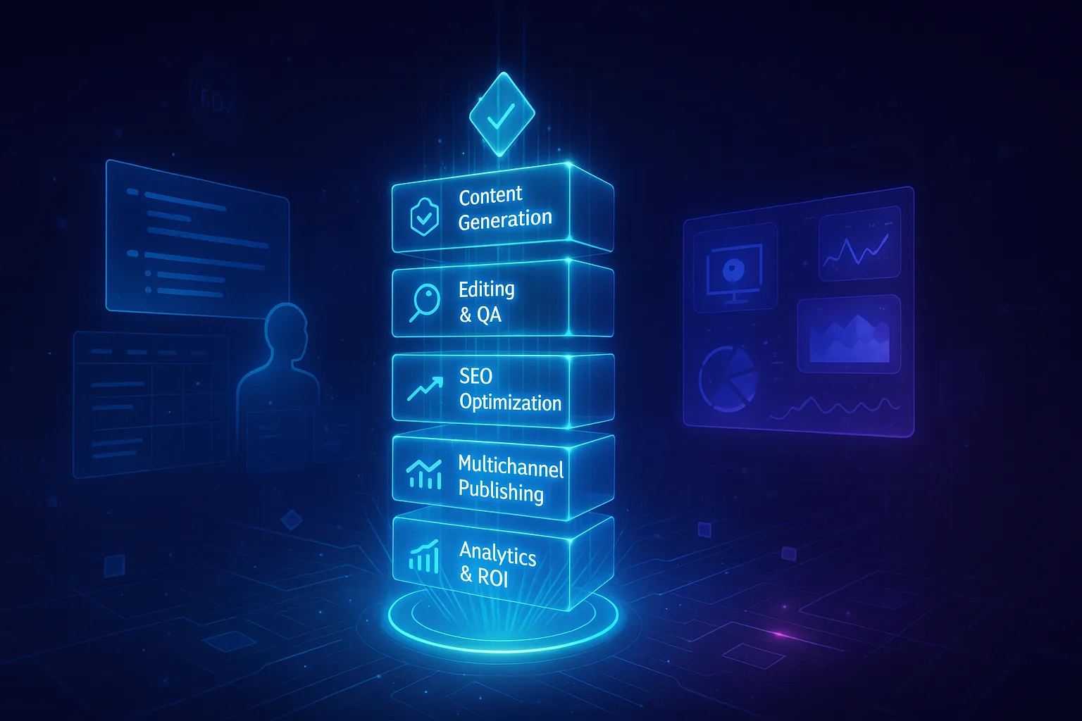 A futuristic digital illustration of a content team surrounded by a glowing holographic interface. The scene features a central AI core projecting multiple content creation tools—video editors, copywriting assistants, SEO analyzers, and collaboration platforms—each represented by floating neon-blue and violet icons. Team members are shown as minimal silhouettes interacting with the tools via gesture controls. The background is dark with glowing grid lines, data streams, and UI rings, evoking a cyberpunk, tech-empowered environment designed for creative productivity.