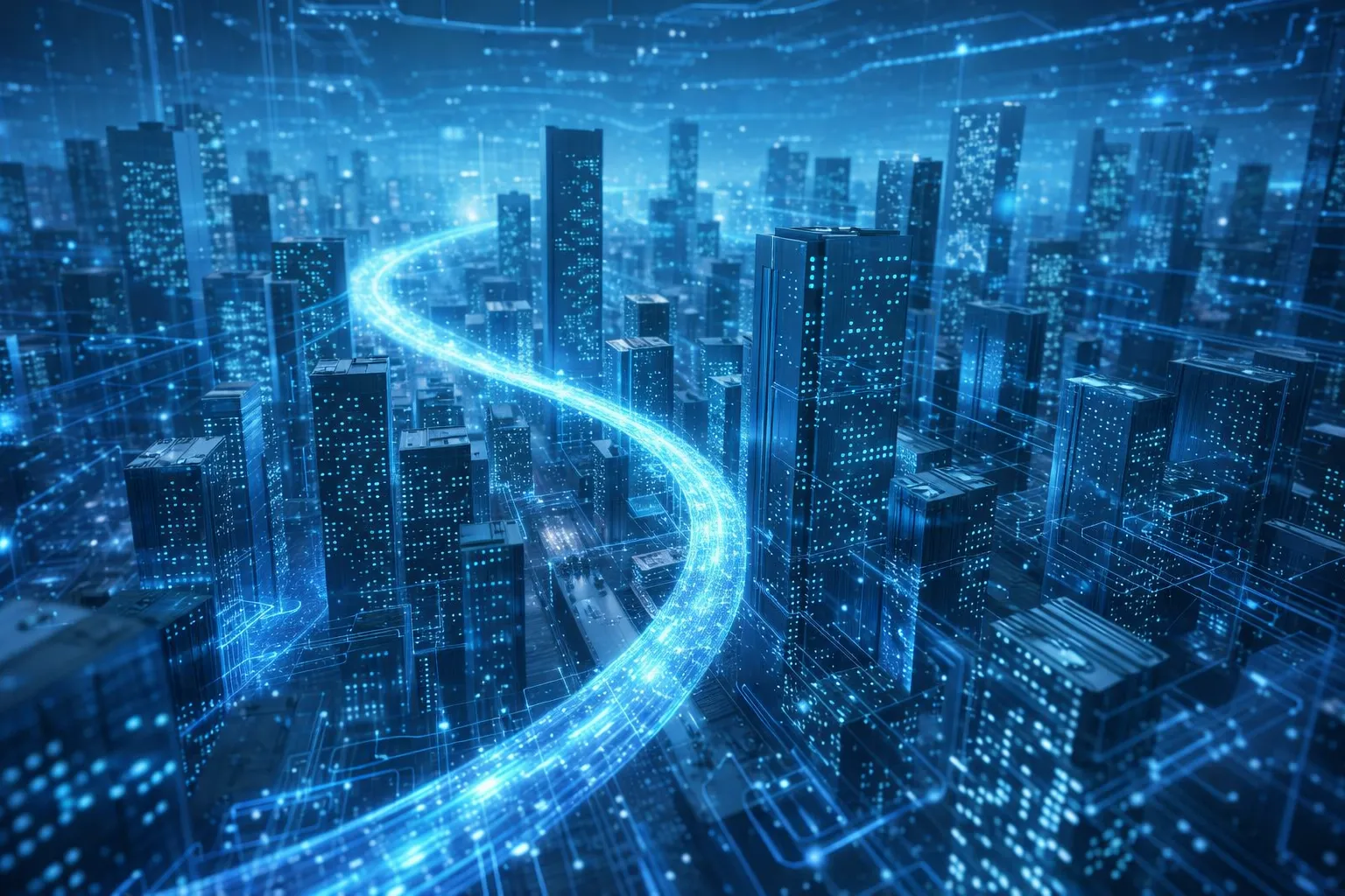 Futuristic digital cityscape viewed from above, with tall glowing skyscrapers connected by a bright flowing stream of blue data light that curves through the city, symbolizing high-speed networks and interconnected technology.