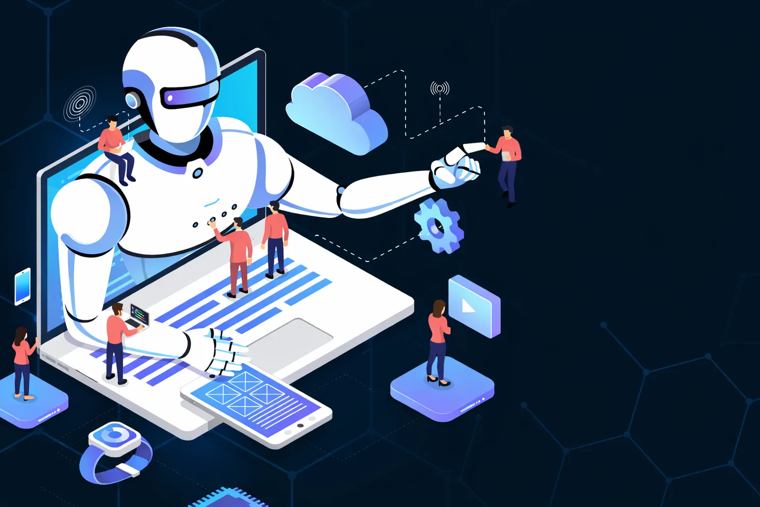 A large white humanoid robot emerges from a laptop screen and collaborates with small human figures, shaking hands and interacting with floating cloud, gear, and device icons in a flat, blue-themed tech illustration.