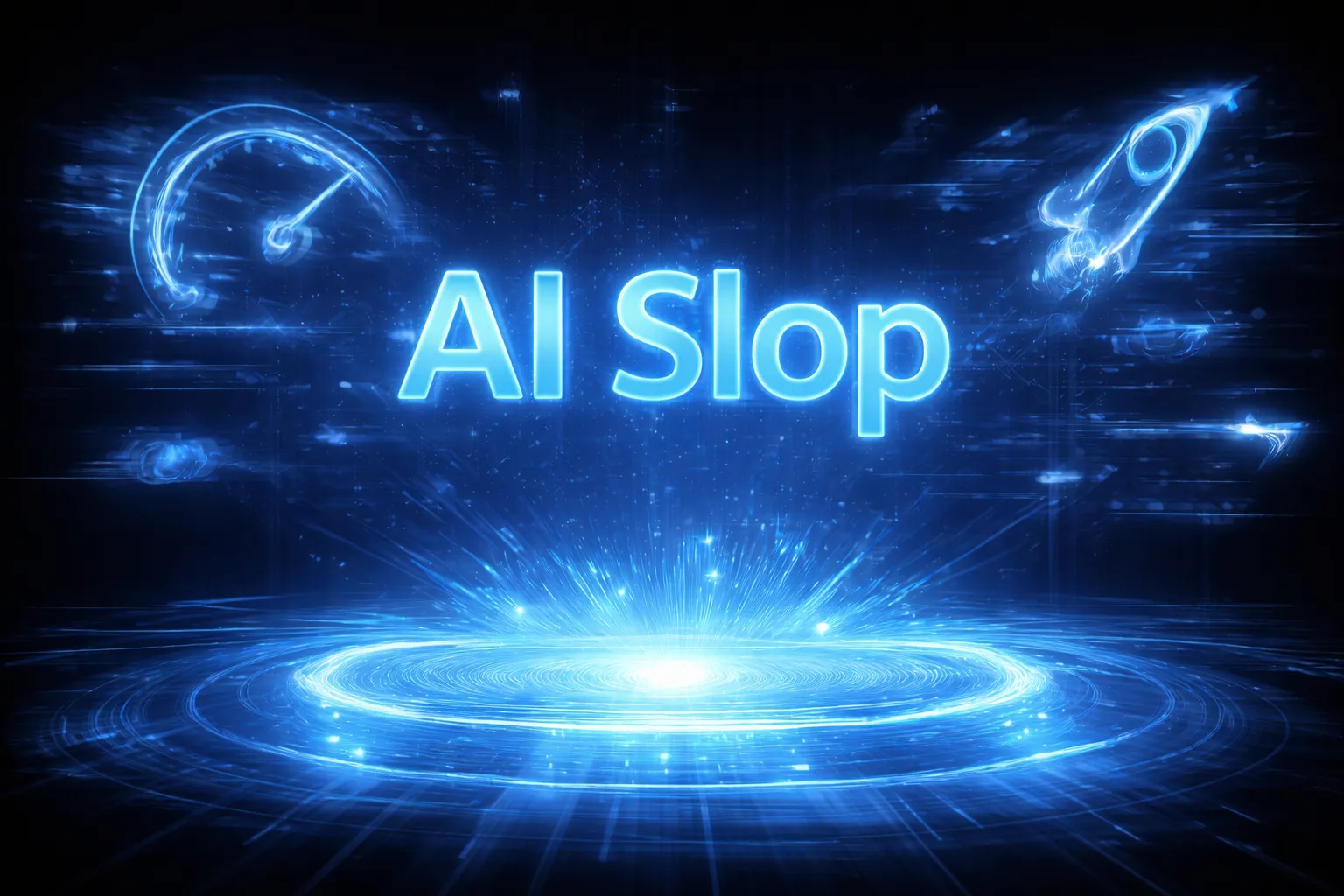 Futuristic blue holographic graphic with glowing text “AI Slop” centered above a radiant circular energy platform. Abstract speedometer and rocket icons float on either side, surrounded by digital light streaks and particles on a dark background.