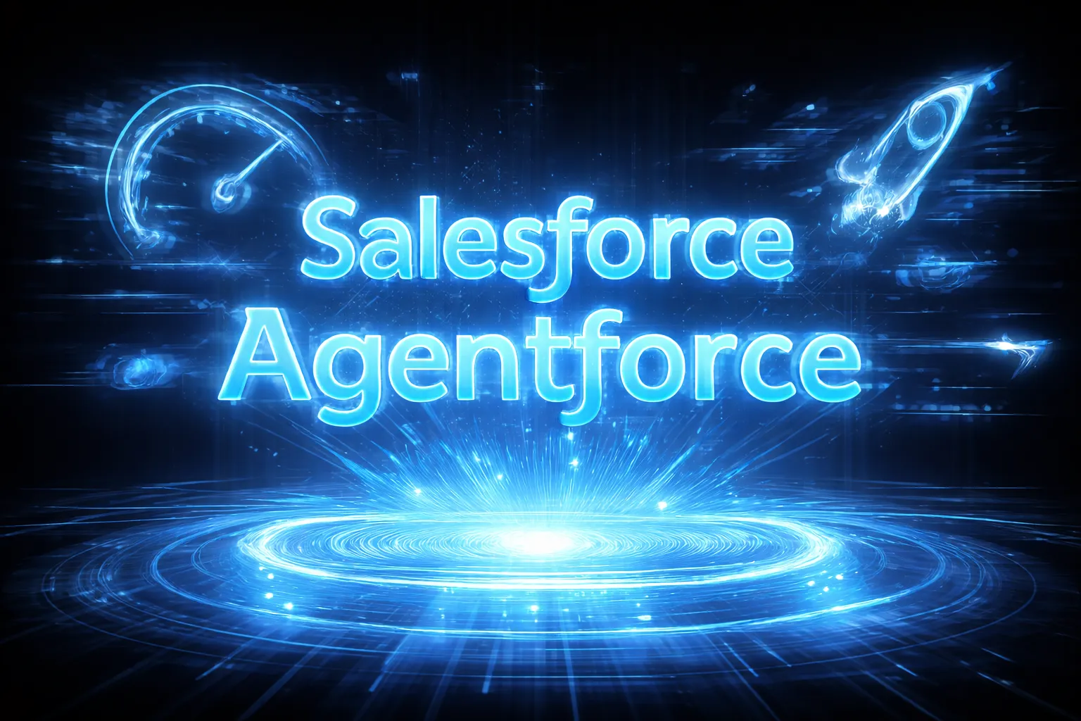 Futuristic holographic text reading “Salesforce Agentforce” glowing in electric blue on a deep black background, with light-trail speed icons like a speedometer and rocket surrounding the text and a radiant circular energy platform beneath it.