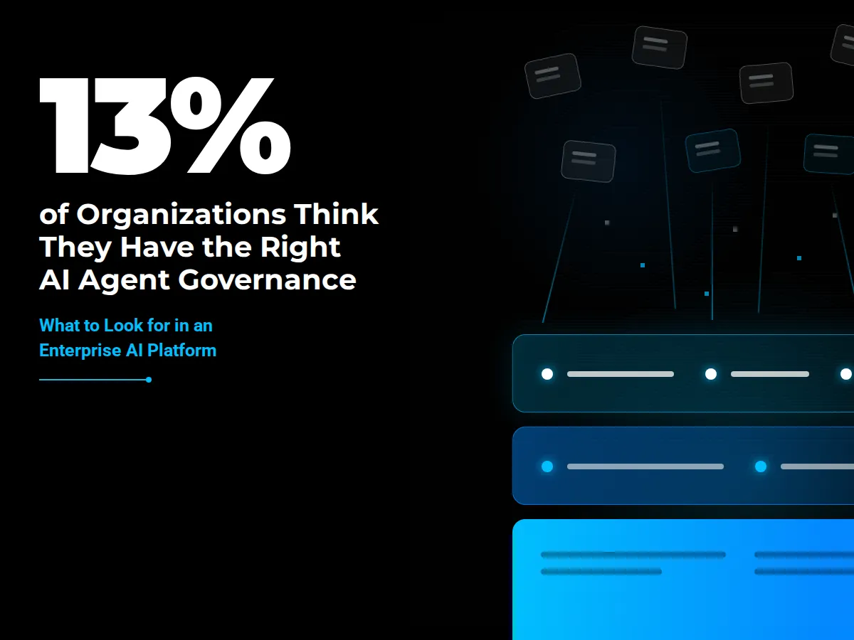 Scattered grey app tiles flowing into a stacked blue enterprise AI platform, beside a stat on AI agent governance.