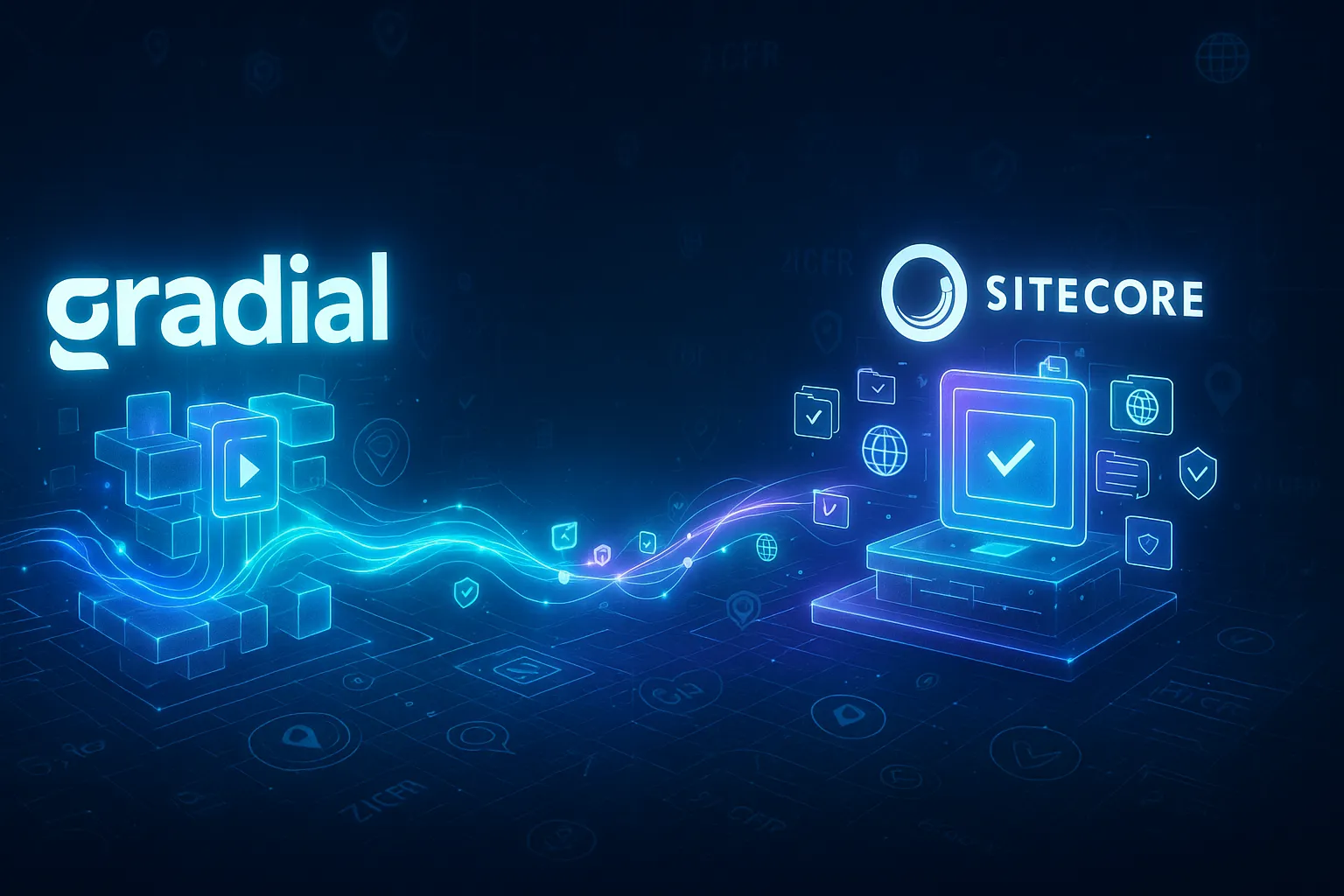 A futuristic digital illustration depicting the integration of Gradial and Sitecore Content Hub. On the left, the glowing white Gradial logo hovers above a modular platform with flowing blue and cyan data lines, symbolizing AI-powered automation. On the right, the Sitecore Content Hub logo floats above a high-tech interface surrounded by holographic icons like folders, globe symbols, and compliance shields. A central neon bridge of glowing nodes and moving icons connects the two platforms, illustrating asset flow and rule enforcement. The dark background features a cyberpunk-style grid with floating UI rings, compliance labels like “GxP” and “21 CFR,” and layered blueprint lines.