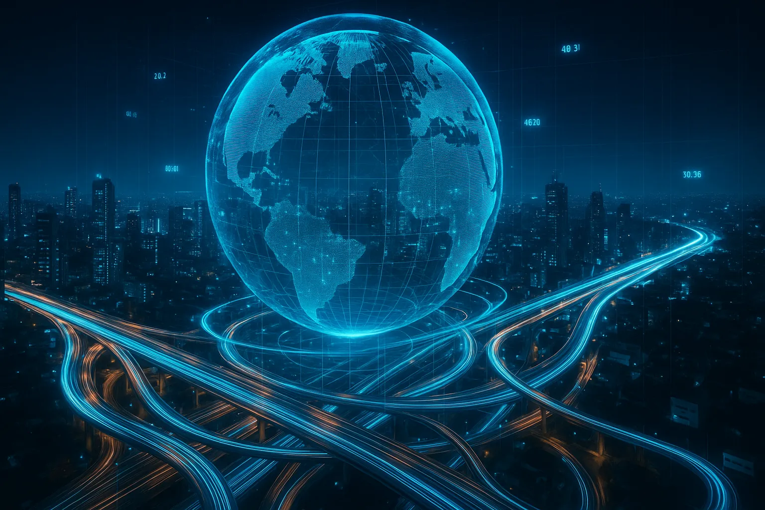 A futuristic city at night with glowing blue highways curving through skyscrapers beneath a massive holographic globe representing global connectivity. The globe displays continents in neon blue, surrounded by light trails and floating data points that convey a sense of digital motion, technology, and AI-powered infrastructure.